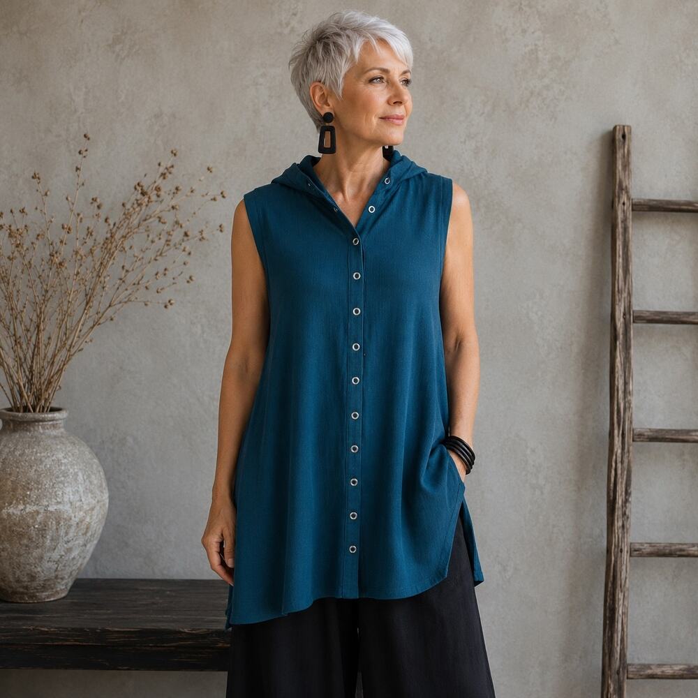 Soft Surroundings Green/  Knit Sleeveless Hooded Vest  MP